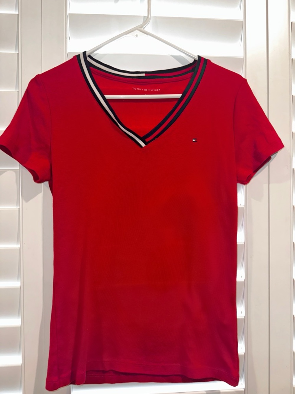Tommy Hilfiger Red V-Neck Short Sleeve Tee with Striped Trim
